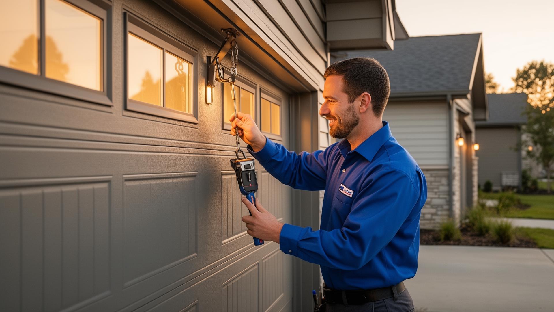 Professional garage door repair technician installing a new residential garage door in Babson Park, Florida